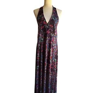 Black Multicolor Halter Maxi Dress with Abstract Burst Print